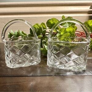 VINTAGE, TEXTURED GLASS BASKETS WITH DIAMOND WEAVE PATTERN. CLEAR GLASS HANDLES.